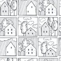 Hand drawn houses with trees in squares. Vector seamless pattern Royalty Free Stock Photo