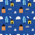 Hand drawn houses and trees vector seamless pattern. Cute scandinavian style home building with chimney Royalty Free Stock Photo