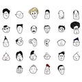 Hand drawn human faces doodle set. Collection of drawing sketches of young, old men, women ,boys girls facial expressions.