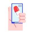 Hand with smartphone choosing and ordering pills online in application Royalty Free Stock Photo