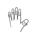 Hand drawn hurted finger with bandage icon, hurt injured finger illustration in doodle style