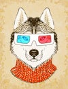 Hand Drawn Husky Dog with 3d Glasses. Vector illustration, eps10.