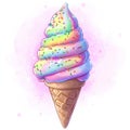 A hand-drawn ice cream cone with rainbow scoops and sprinkles, soft glow Royalty Free Stock Photo