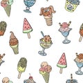 Hand-drawn ice cream doodles seamless vector pattern. Illustration of scoops of chocolate icecream in waffles, cones and Royalty Free Stock Photo