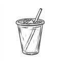Line Drawing of a Cold Drink in a Tall Cup with Ice and Straw, Black and White Sketch Royalty Free Stock Photo