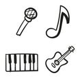 Hand drawn icon set of musical instruments and microphone set in doodle style isolated Royalty Free Stock Photo