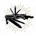 Hand drawn icon with a textured swiss knife vector illustration