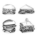 Hand drawn icons for food menu with burger and sandwich. Fast food vector. Great vintage line drawing sketch for coloring book, br Royalty Free Stock Photo