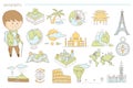 Hand drawn vector icons of landscape, maps and famous landmarks. Learning different cultures and countries concept Royalty Free Stock Photo