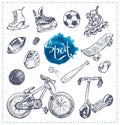 Hand drawn icons of sport equipment. Vector sketch Royalty Free Stock Photo