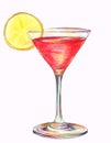 Hand drawn illustration of an alcoholic cocktail cosmopolitan with slice of lemon in colored pencils style