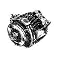 Hand drawn illustration of alternator in engraved style isolated on white background