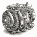 Hand drawn illustration of alternator in engraved style isolated on white background.