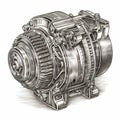 Hand drawn illustration of alternator in engraved style isolated on white background