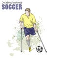 Hand drawn illustration. Amputee Football player. Vector sketch sport. Graphic figure of disabled athlete on crutches