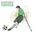 Hand drawn illustration. Amputee Football player. Vector sketch sport. Graphic figure of disabled athlete on crutches