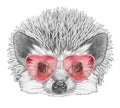 Hedgehog in Love! Portrait of Hedgehog with sunglasses, hand-drawn illustration