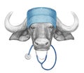 Portrait of Buffalo with doctor cap and stethoscope. Hand-drawn illustration.