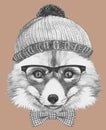 Portrait of Hipster, portrait of Fox with sunglasses, hat and bow tie, hand-drawn illustration Royalty Free Stock Photo