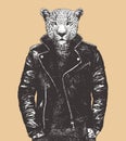Portrait of Leopard in leather jacket, hand-drawn illustration, vector