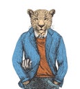 Portrait of Leopard in sweater and jacket, hand-drawn illustration, vector