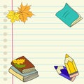 Hand drawn illustration back to school lined notebook page colored pencils pile of books maple oak leaves boarder Royalty Free Stock Photo