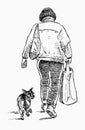 Hand drawn illustration of back view casual passerby city woman walking with small lap dog outdoors and carrying bag Royalty Free Stock Photo
