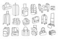Hand drawn illustration of bags and baggage carts. Suitcases on wheels, pet container, picnic basket, backpack