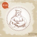 Hand drawn illustration of baker with baker basket of fresh bread.