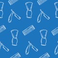 Hand-drawn illustration for Barbershop. Seamless pattern on blue