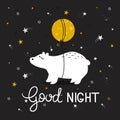Colorful cute background with bear, moon, stars and english text. Good night