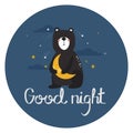 Colorful cute background with bear, moon, stars and english text. Good night. Decorative backdrop with animal, sky