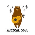 Colorful background with bear, music notes, english text. Musical soul. Decorative cute illustration with animal, guitar