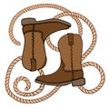 Hand drawn illustration of beige brown cowboy cowgirl boots rope in western southwestern style. Black line drawing of Royalty Free Stock Photo