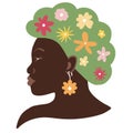 Hand drawn illustration of black African American woman with flowers in hair head in profile. Mental health wellbeing