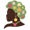 Hand drawn illustration of black African American woman with flowers in hair head in profile. Mental health wellbeing