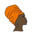 Hand drawn illustration of black african american woman with orange ethnic traditional head wrap wrapping headwear scarf
