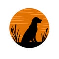 Hand drawn illustration of black hunting hunter dog on orange sunset background. Circle nature lake river typha reed Royalty Free Stock Photo