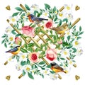 Silk scarf coupon with blossom garden flowers and birds.