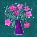 Hand drawn illustration of blush pink flowers with green leaves in purple vase. Hand painted gouache art drawing sketch Royalty Free Stock Photo