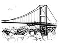 Hand drawn illustration with Bosphorus in Istanbul