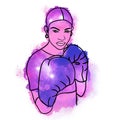 Hand drawn illustration of boxing woman gloves sport training. Bright colorful design with black line outline contour