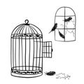 Hand drawn illustration of cage with open door feathers broken window. Freedom free concept, enslavement captivity