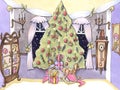 Hand drawn illustration cartoon childrens style festive decor room close-up new year christmas tree from a fairy tale european