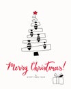 Hand drawn illustration with cartoon Christmas tree with fish toys, lettering text Merry Christmas.