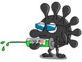 Hand drawn illustration of cartoon corona virus with a sunglasses and a syringe full of poisonous content. SARS-CoV-2 is causing
