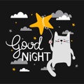 Colorful background with happy cat, stars and english text. Good night. Decorative cute backdrop with animal, night sky Royalty Free Stock Photo