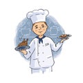 Hand-drawn illustration the chef holds dishes in his hands