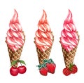 Hand drawn illustration of cherry, strowberry and raspberry ice creams in a waffle cone together with berries. Royalty Free Stock Photo