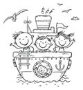 Hand drawn illustration of children sail away on a ship and wave